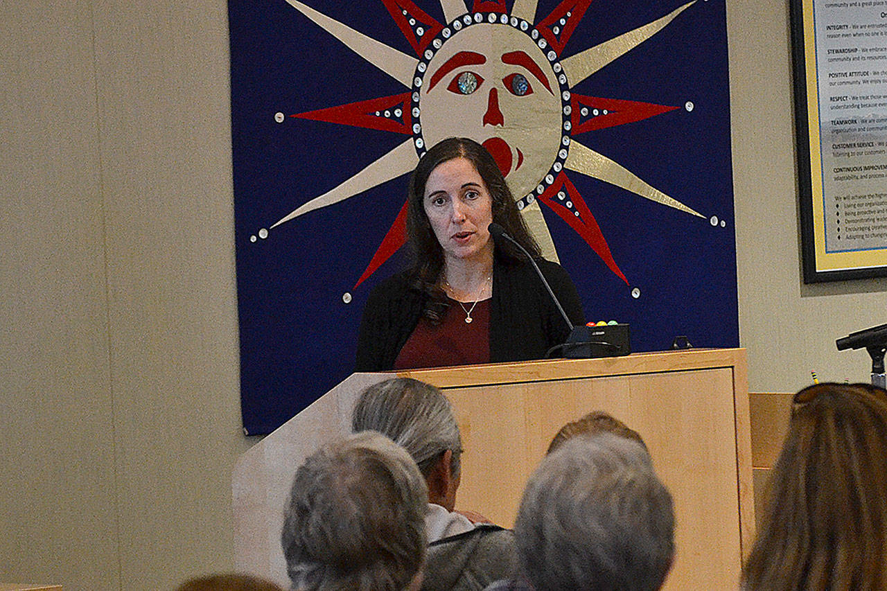 Dr. Allison Unthank, Clallam County health officer, said at a Sept. 24 opioid epidemic forum that as a member of the Tri-County Coordinated Opiate Response Project, they are seeking three goals: safer prescribing, increasing access to Naloxone, and increasing access to evidence-based treatment. Sequim Gazette photo by Matthew Nash