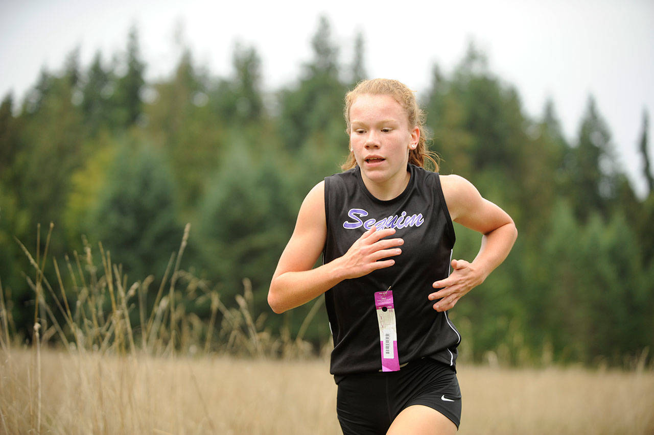 Sequim sophomore Riley Pyeatt, pictured here competing in a league meet on Sept. 25 at Robin Hill County Park, won the Olympic League meet last week in 18:53. Sequim Gazette file photo by Michael Dashiell