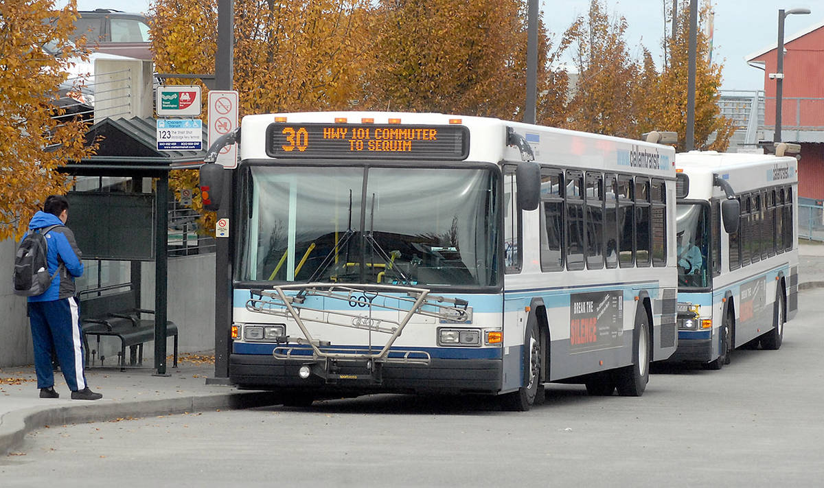 Clallam Transit buses line up to take on passengers at the The Gateway transit center in downtown Port Angeles on Oct. 24. Photo by Keith Thorpe/Peninsula Daily News