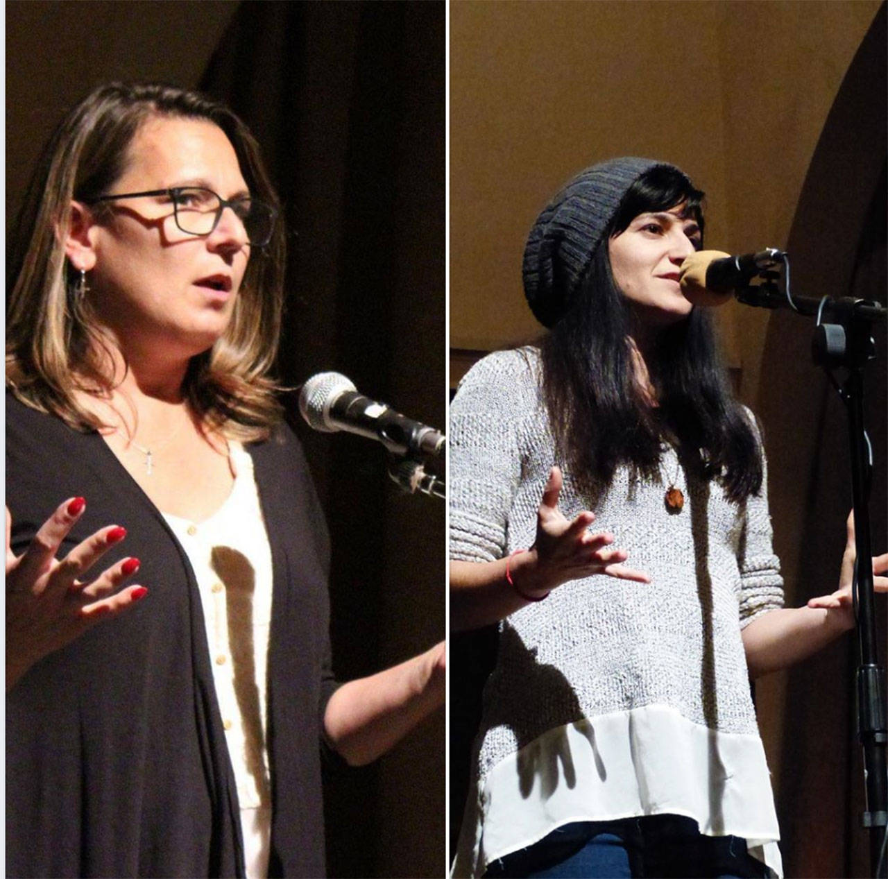 Jeanne Sparks, left, and Nessa Goldman host a story slam at Olympic Theatre Arts on Nov. 21. Submitted photos