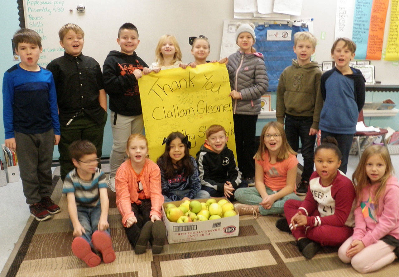 Above, Renee Mullikin’s second-graders at Helen Haller Elementary are appreciative of receiving apples gleaned and delivered by Clallam Gleaner Kathy Strozyk. The class cut apples into pieces, slow-cooked them and pushed the cooked apple through a food mill to make applesauce. Left, second-graders Austin Price and Edyn Samudio cut apples into small pieces. Photos by Patsene Dashiell