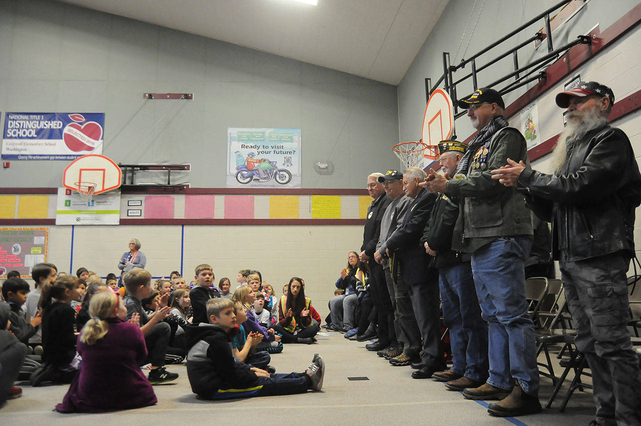 Greywolf Elementary School students honor visiting U.S. Armed Forces veterans at the school’s annual ceremony on Nov. 8. Sequim Gazette photo by Michael Dashiell