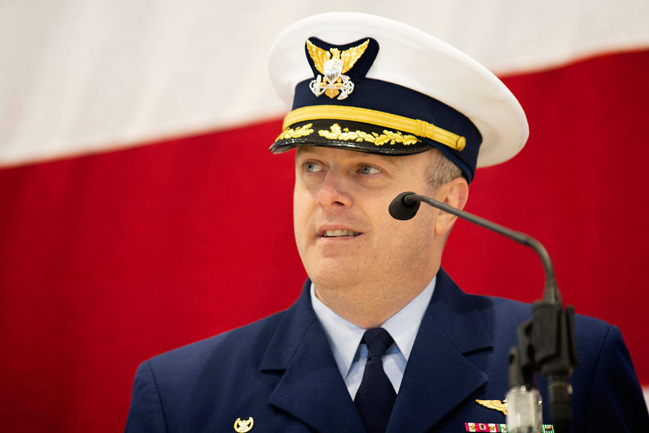 Cmdr. M. Scott Jackson, commanding officer of Coast Guard Air Station/Sector Field Office Port Angeles, delivers his remarks during the Veterans Day ceremony Monday.