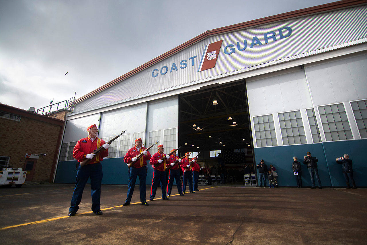 Members of the Mount Olympus Detachment of the Marine Corps League perform a three-volley rifle salute at the Veterans Day ceremony at U.S. Coast Guard Air Station/Sector Field Office Port Angeles on Monday. Photos by Jesse Major/Peninsula Daily News
