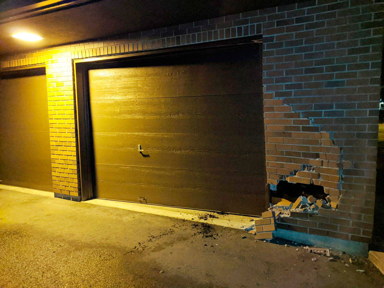 Law enforcement officials say a vehicle crashed into the Washington State Patrol building off Old Olympic Highway, pushing the exterior wall in about 12 inches. No one was injured in the incident. Photo courtesy of Washington State Patrol