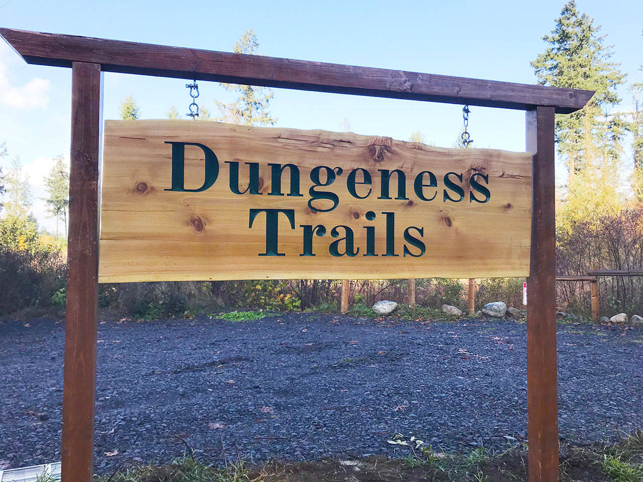 The trailhead sign and parking lot is up at Dungeness Trails, a trail system now open to the communit. Submitted photo