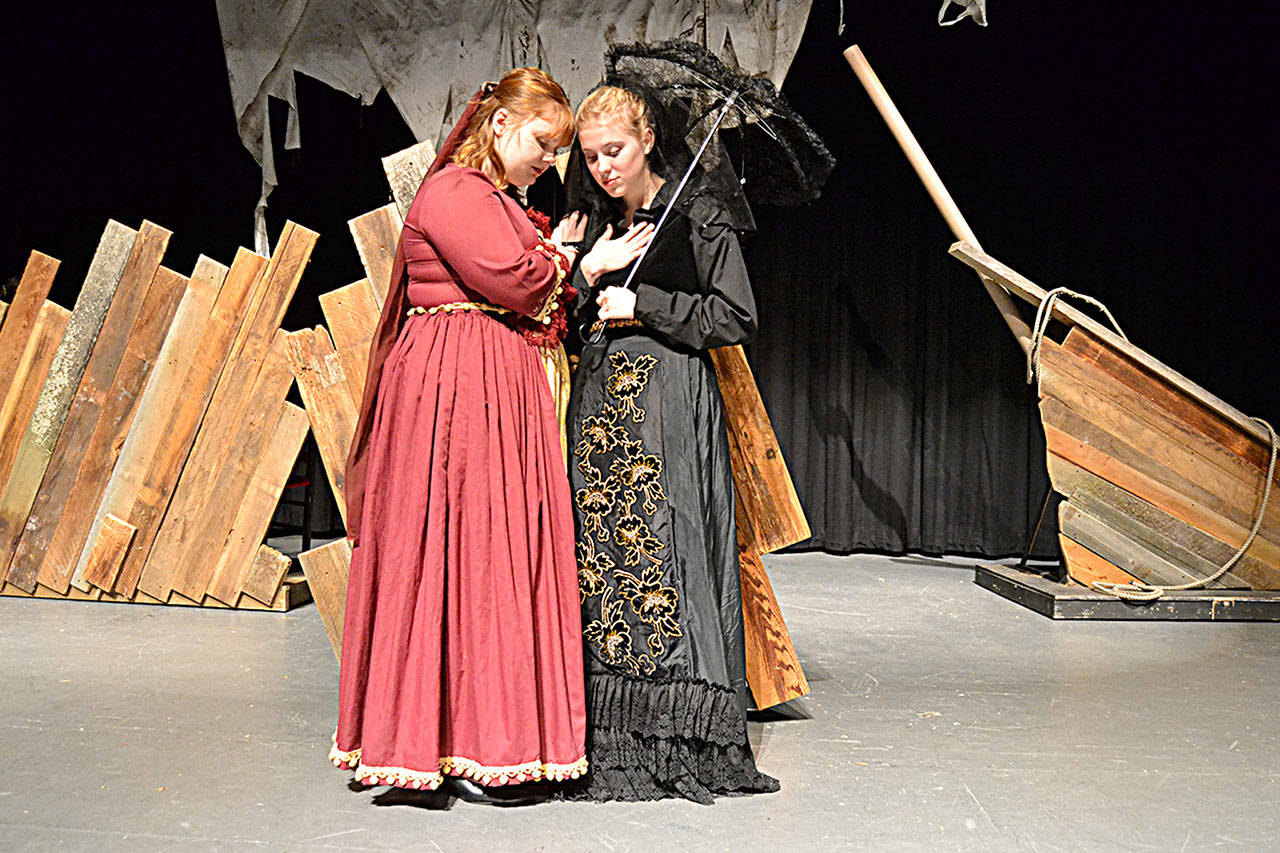 Maria (played by Brii Hingtgen) consoles Lady Olivia (Meg Vander Velde) after she is separated from her brother Sebastian who is believed to be dead in Sequim High School’s “Twelfth Night, or What You Will.” Sequim Gazette photo by Matthew Nash