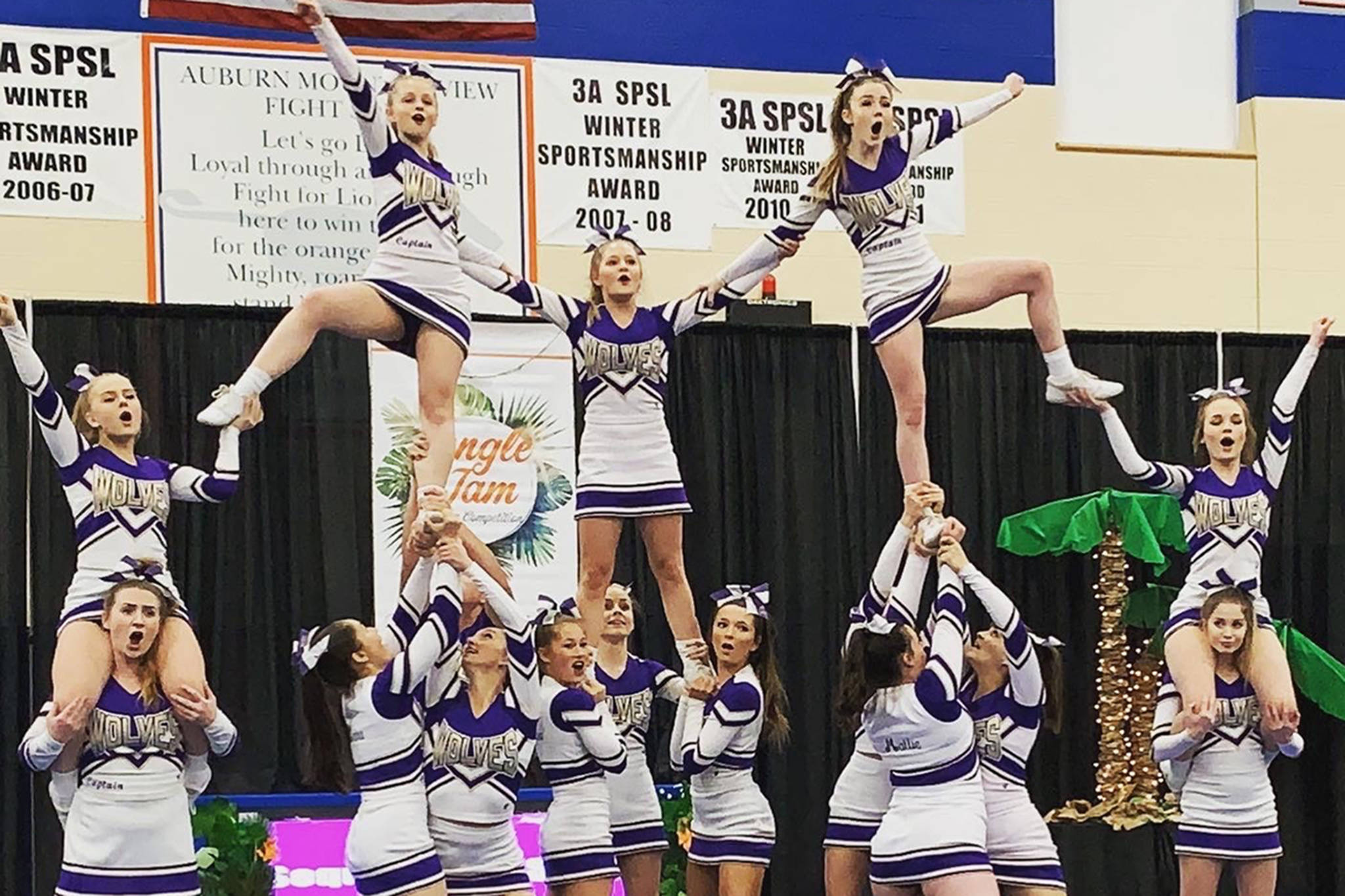 Sequim High School competition cheerleaders perform during the Jungle Jam competition hosted at Auburn Mountainview High School. The SHS cheer squad won the Medium Non-tumbling division with a score of 59.5 points, which qualifies them to compete at state in February for the first time in school history. Submitted photo