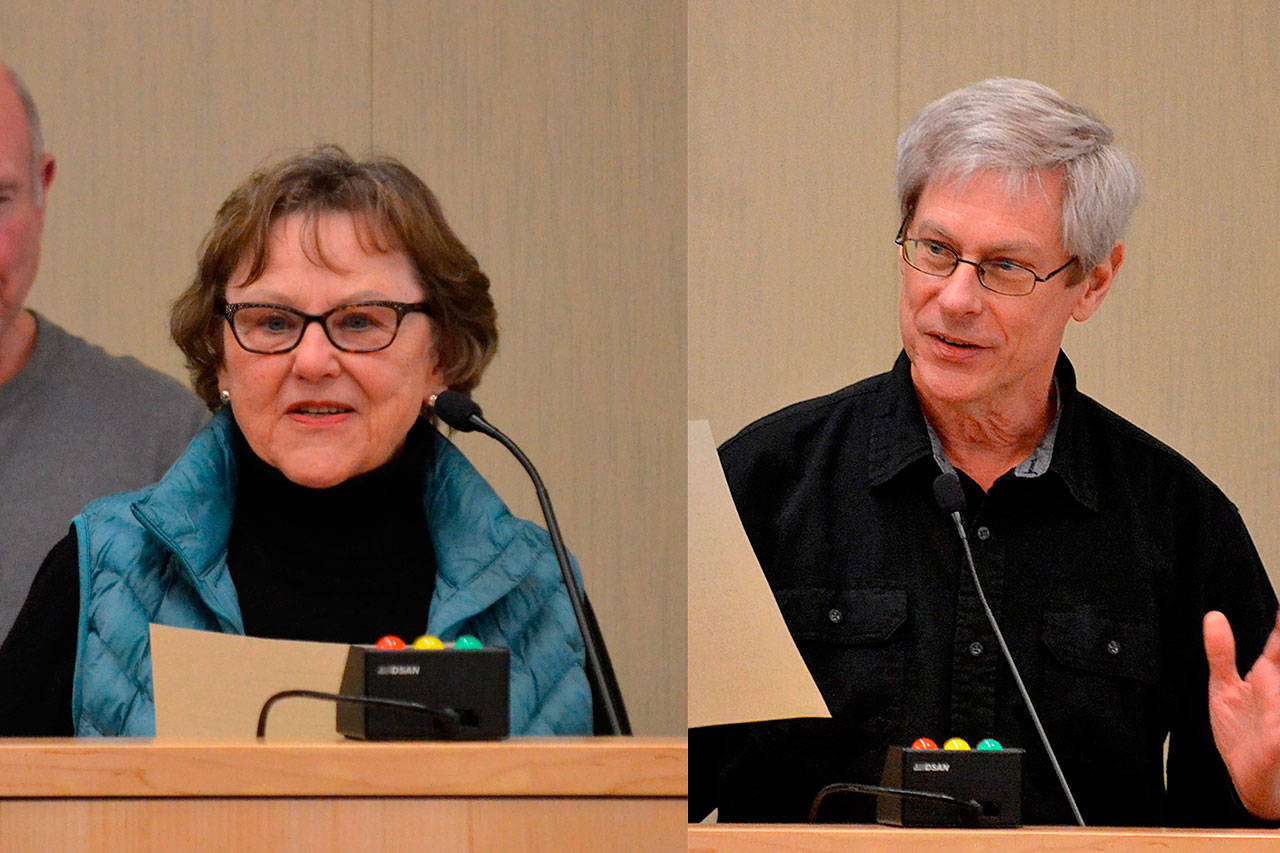 Sequim city councilors Candace Pratt and Bob Lake were honored Dec. 9 for their years serving Sequim. Pratt served as a mayor and deputy mayor for two years each, and Lake replaced former mayor Ken Hays on city council. Sequim Gazette photos by Matthew Nash