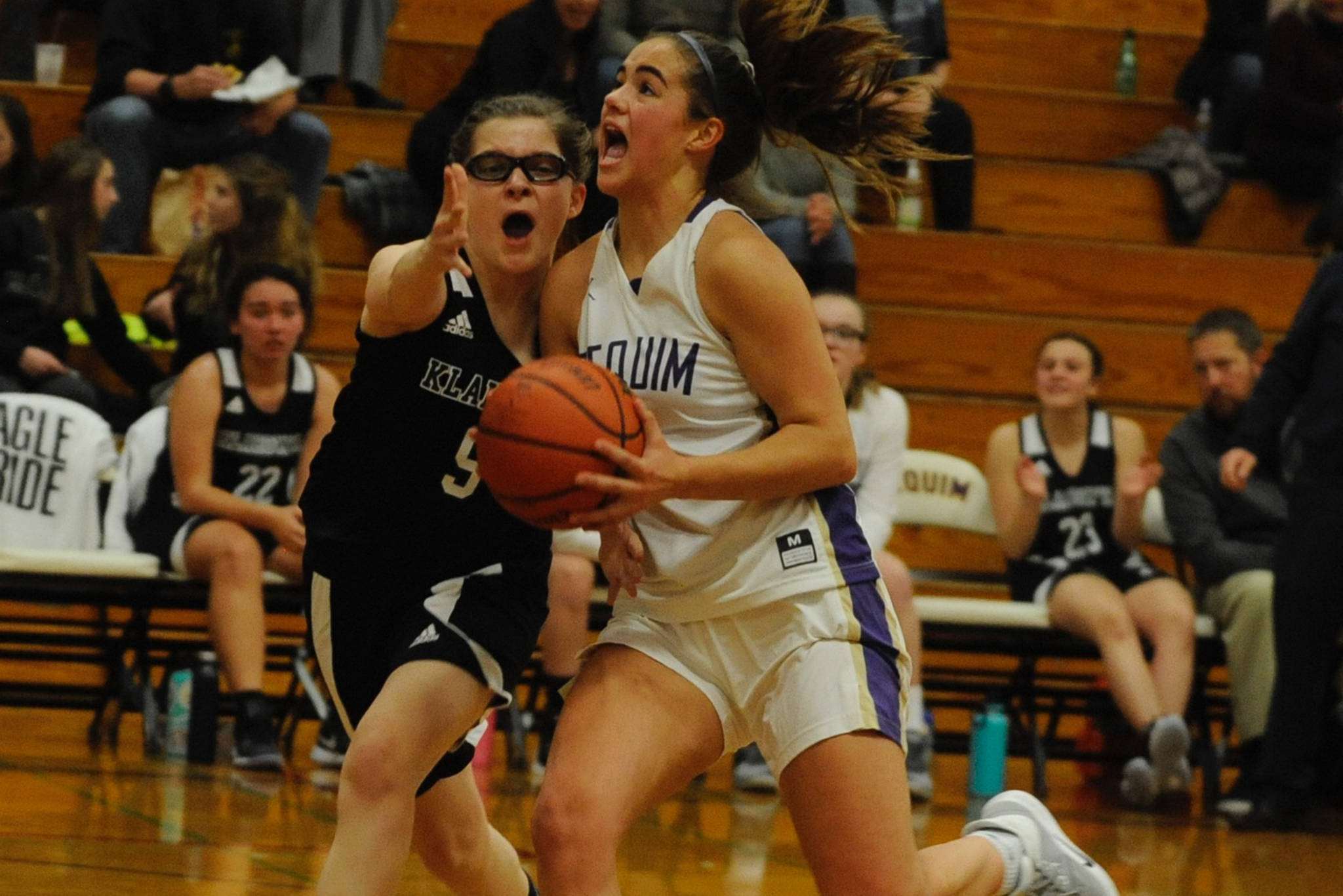 Hope Glasser, pictured playing against the Klahowya Eagles on Dec. 2, scored a season-high 25 points against the Bremerton Knights on Dec. 17, along with 9 rebounds and 9 steals. Sequim Gazette file photo by Conor Dowley