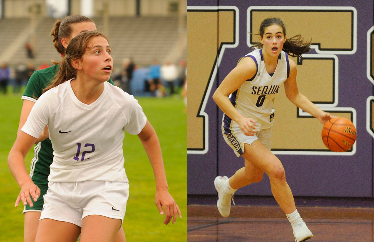 Sequim High seniors Jessica Dietzman, left, and Hope Glasser have helped propel their prep teams to new heights over the past four years. Sequim Gazette file photos by Michael Dashiell