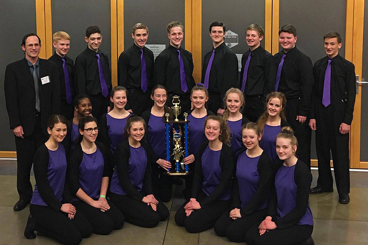 Northwinds Homeschool Jazz 1 Band, a group of student-musicians from across the North Olympic Peninsula, celebrate a first place effort at the Clark College Jazz Festival in Vancouver, Wa., on Jan. 24. Submitted photo