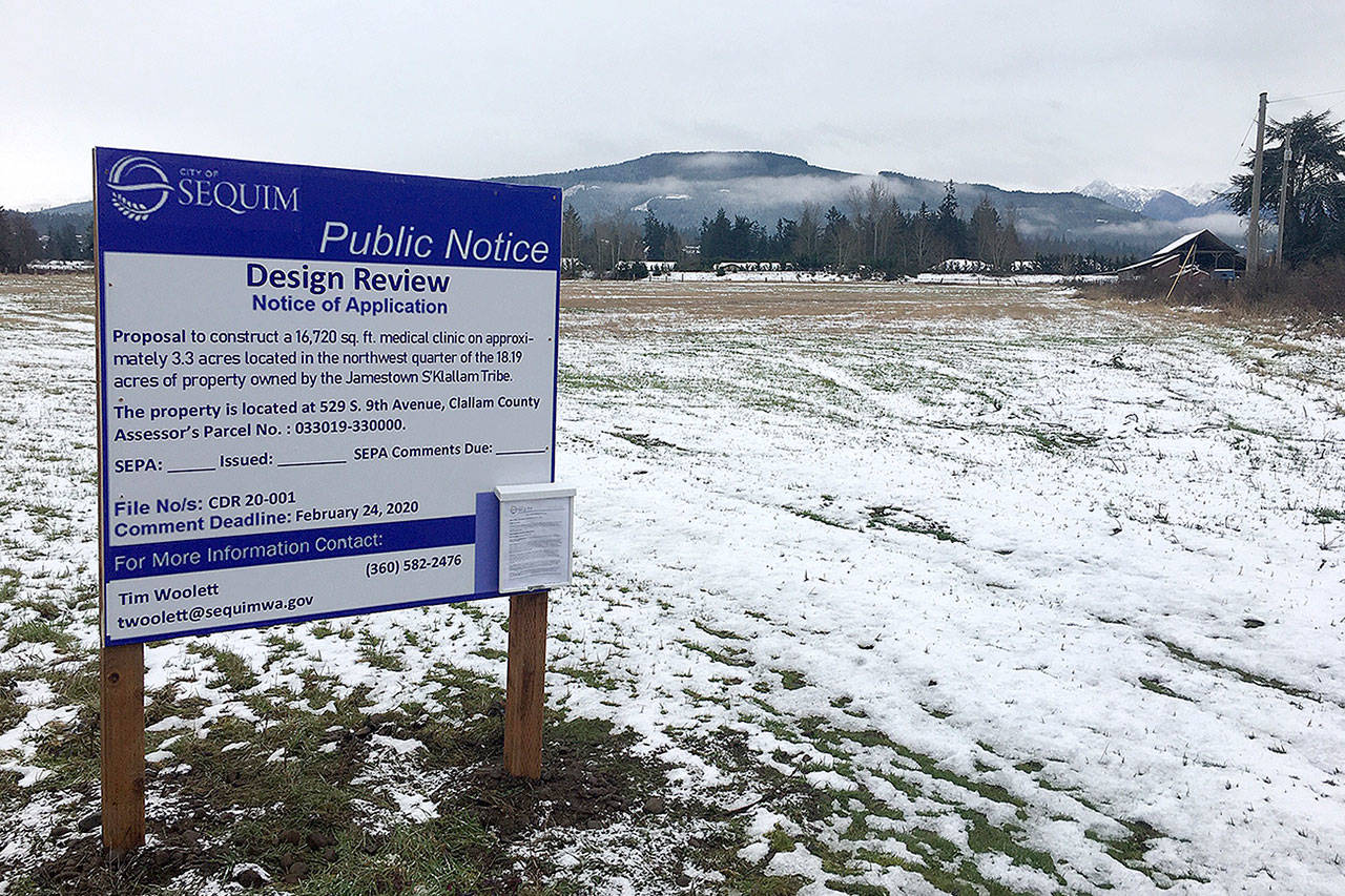 A Notice of Application was posted at the site of the Jamestown S’Klallam Tribe’s proposed medication-assisted treatment (MAT) clinic on South Ninth Avenue on Feb. 2. Sequim Gazette photos by Matthew Nash