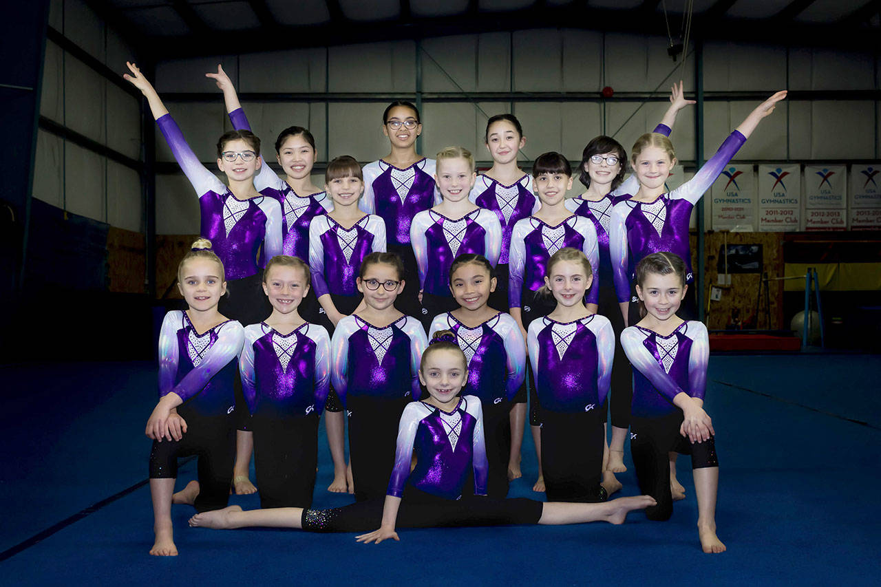 The Klahhane Gymnastics teams celebrate a strong opening to the 2020 season. They include (back row, from left) MeiYing Harper-Smith, Ava Harris, Kayli Sexton and Jessamyn Schindler, (middle row, from left) Scarlett Sullivan, Kenna Pittman, Mariah Traband, Lauren Cline and Coralie Lewis, and (front row, from left) Raynee Ciarlo, Elyse Brown, Ashayla Holloway, Kira Hartman, Gracelyn Goss and Harper Hilliker, with Lainey Depiro in front. Photo courtesy of Ashley Franz Photography