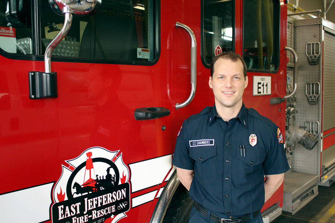 East Jefferson Fire Rescue Lt. Reece Chambers returned to service earlier this month, after receiving a heart transplant about a year and a half ago and is suspected to be the first firefighter in Washington to return to the fire lines after receiving a heart transplant. (Zach Jablonski/Peninsula Daily News)