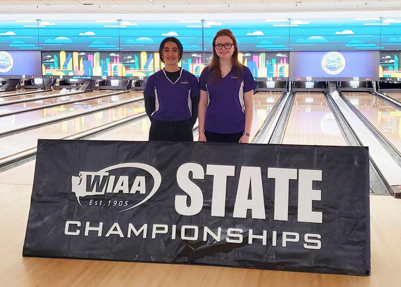 Sequim High’s Corinne Klinger, left, and Madison McKeown finish the 2019-2020 season at the state 1A/2A state finals in Tacoma last week. Submitted photo