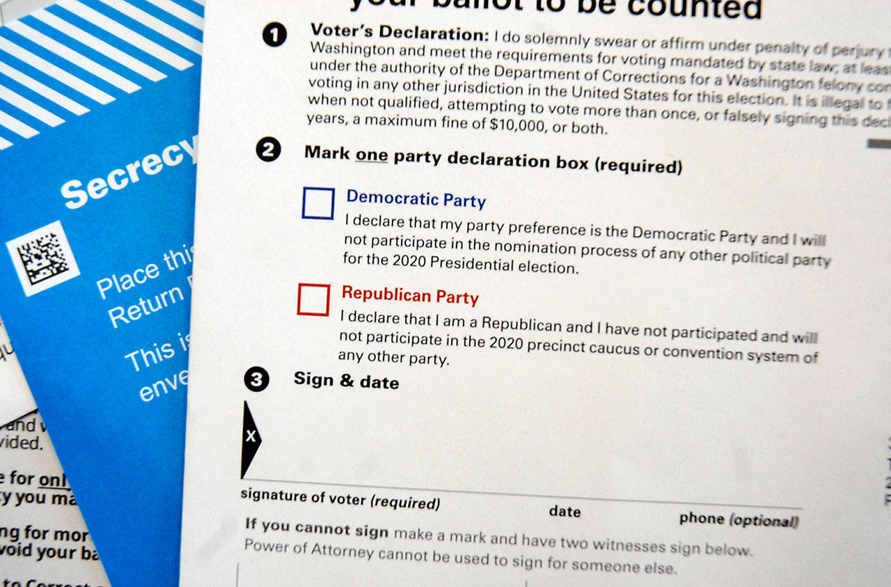 Voters must check a box printed on the outside of the 2020 presidential primary ballot near the name of the voter casting the ballot in order to count in the March 10 election, state elections officials said. (Photo Illustration by Keith Thorpe/Peninsula Daily News)