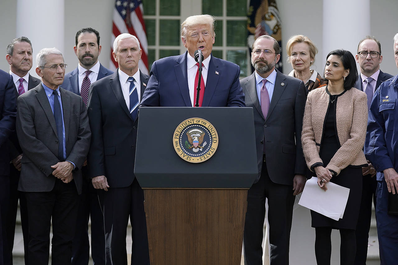 President Donald Trump speaks during a news conference about the coronavirus in the Rose Garden of the White House on Friday, March 13, 2020, in Washington. (Evan Vucci/The Associated Press)
