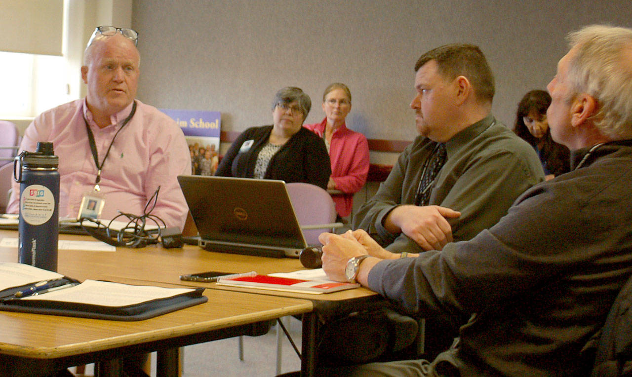 Sequim School District superintendent Dr. Rob Clark, left, addresses Sequim School Board directors during a special meeting on March 12 to discuss preparations the district is making to respond to the potential arrival of COVID-19 coronavirus in the region. A day later, Gov. Jay Inslee declared the closure of all Washington state K-12 schools from March 17-April 24. Sequim Gazette photo by Conor Dowley