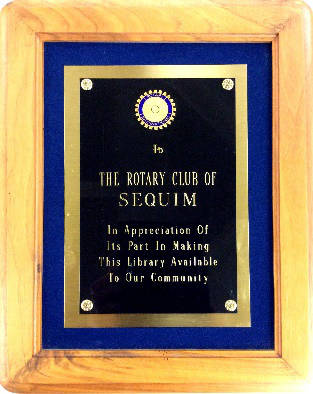 A recognition plaque at the Sequim Library honors efforts of the Rotary CLub of Sequim. Photo from Rotary Club of Sequim archive files