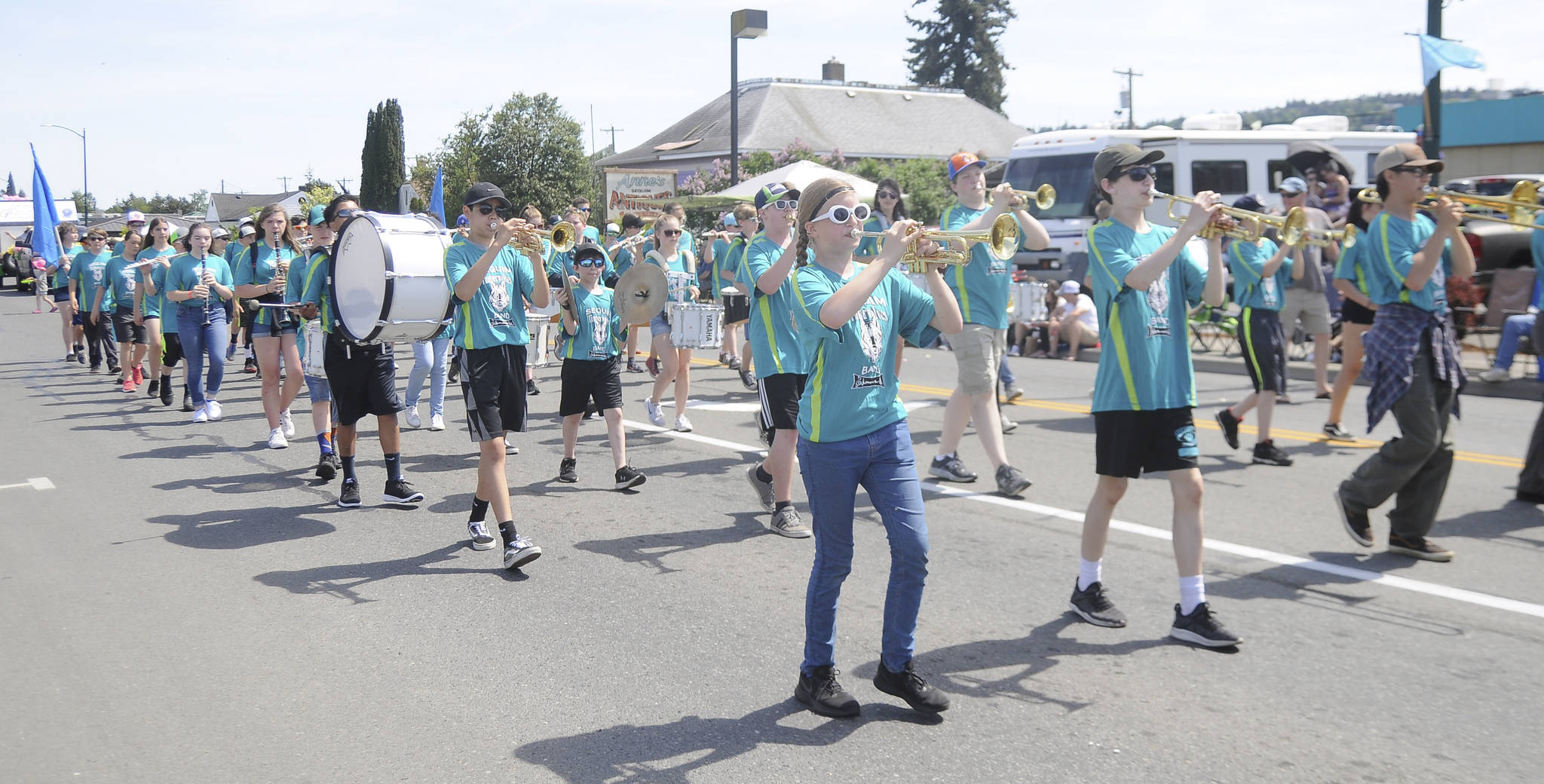 Sequim Middle School’s band marches through the 2019 Sequim Irrigation Festival’s Grand Parade. Tentatively, the Grand Parade shifts to Oct. 10 if group gathering restrictions are lifted due to the COVID-19 pandemic. Sequim Gazette photo by Michael Dashiell