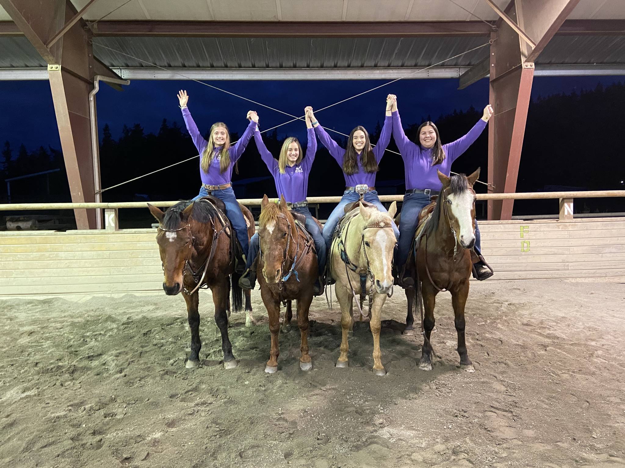 From left, Sequim Equestrian Team seniors Hannah Kokoschka, Grace Niemeyer, Emma Albright and Lilly Thomas each earned at least one District 4 postseason medal following a shortened 2020 season. Submitted photo