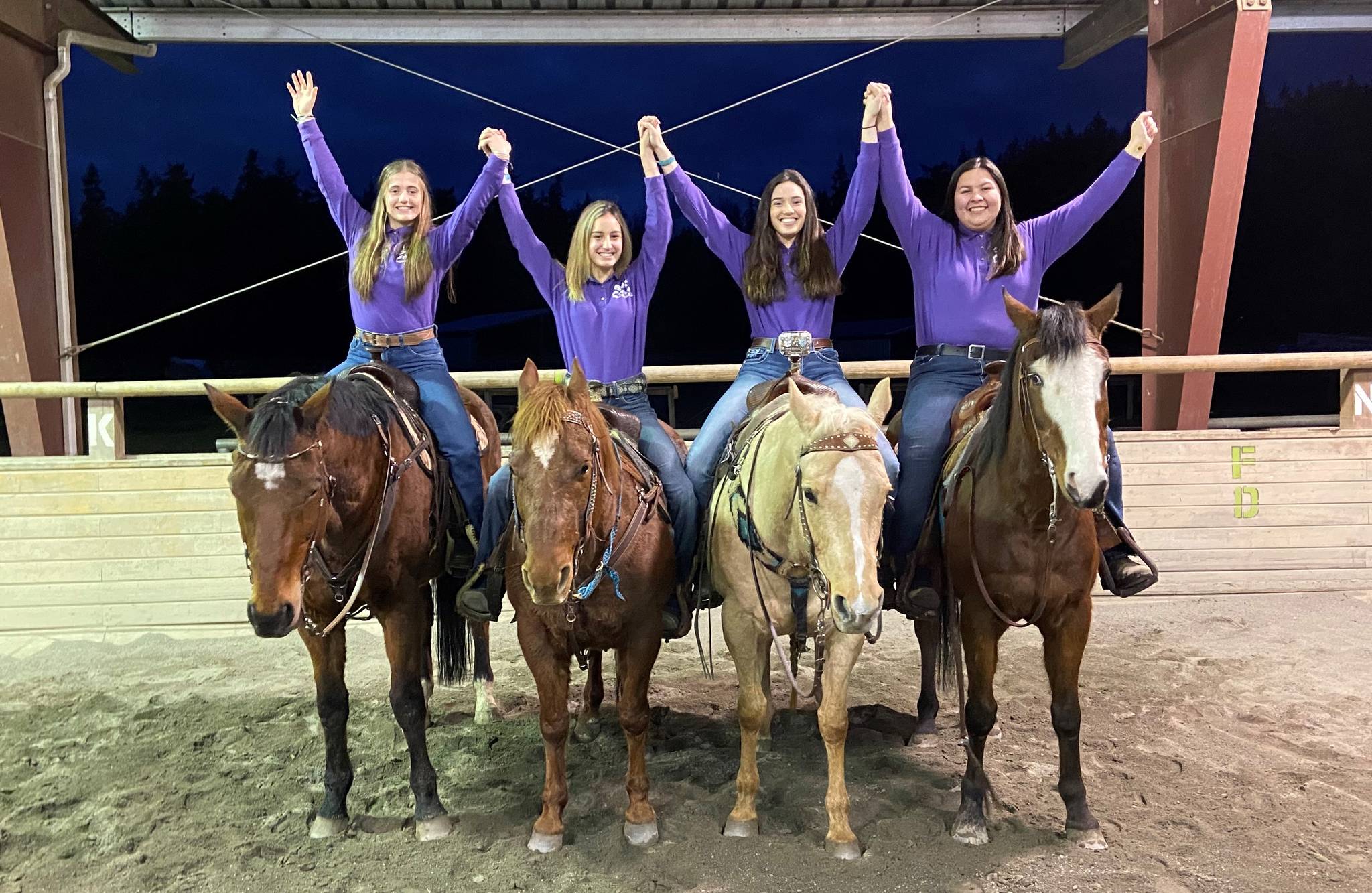 From left, Sequim Equestrian Team seniors Hannah Kokoschka, Grace Niemeyer, Emma Albright and Lilly Thomas each earned at least one District 4 postseason medal following a shortened 2020 season. Submitted photo
