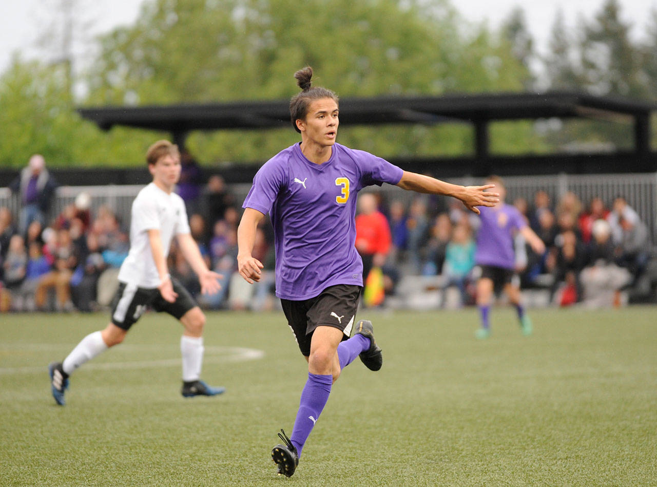 Ryan Tolberd, pictured here taking on Woodland in a state 2A tourney game in 2019, looks to break the school record for goals scored. Tolberd enters the season with 43 scores, just one shy leader Liam Harris. Sequim Gazette file photo