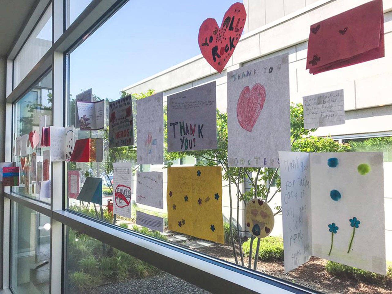 Cards and notes created by students at Jefferson and Roosevelt elementary schools in Port Angeles encourage Olympic Medical Center staff. Photo courtesy of Shenna Younger/Olympic Medical Center
