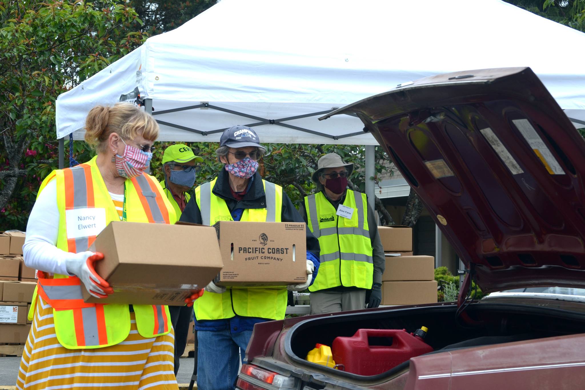 Volunteers Nancy Elwert and Bruce Leigh with Community Emergency Response Teams (CERT) ready to place food boxes in a trunk on June 10 at Sequim High School. Free food boxes are available through the USDA from 11 a.m.-2 p.m. Wednesdays through Aug. 19. Sequim Gazette photo by Matthew Nash