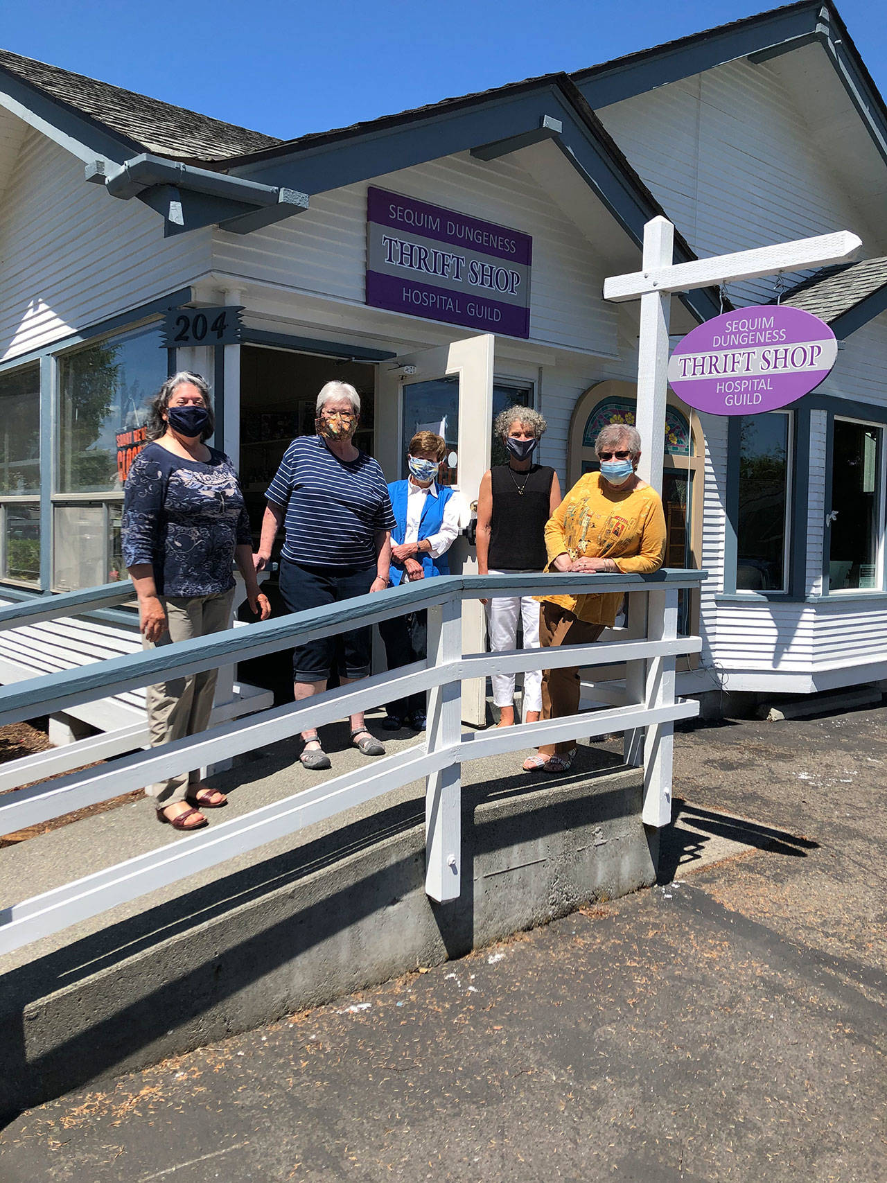 The Sequim Dungeness Hospital Guild looks to reopen its thrift shop at 204 W. Bell St. on 
July 9. Pictured, from left, are guild members Pauline Valha, guild president
 Nancy McGovern, Darlin Beach, Mary Nesbitt and Randi Cooper. Submitted photo