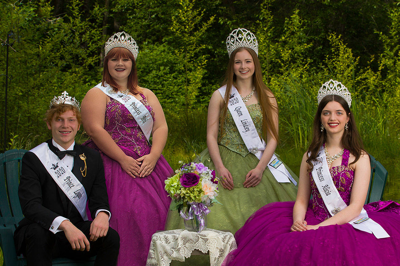 The Sequim Irrigation Royalty for 2020 make their debut months later than expected due to COVID-19 at the Float Reveal on Sept. 19 in front of 7 Cedars Casino. Royalty, from left, Prince Logan Laxson, Princess Brii Hingtgen, Queen Lindsey Coffman, and Princess Alicia Pairadee, and their float will be available to see online at the festival’s web page <a href="http://www.irrigationfestival.com" target="_blank">www.irrigationfestival.com</a>. Photo by Keith Ross / Keith’s Frame Of Mind