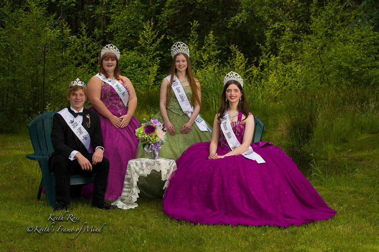The Sequim Irrigation Royalty for 2020 make their debut months later than expected due to COVID-19 at the Float Reveal on Sept. 19 in front of 7 Cedars Casino. Royalty, from left, Prince Logan Laxson, Princess Brii Hingtgen, Queen Lindsey Coffman, and Princess Alicia Pairadee, and their float will be available to see online at the festival’s web page <a href="http://www.irrigationfestival.com" target="_blank">www.irrigationfestival.com</a>. Photo by Keith Ross / Keith’s Frame Of Mind