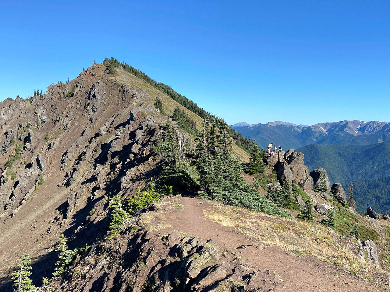 Hikers stop to rest on Klahhane Ridge at the top of Switchback trail on Friday, Aug. 28. Photo by Rob Ollikainen/Olympic Peninsula News Group