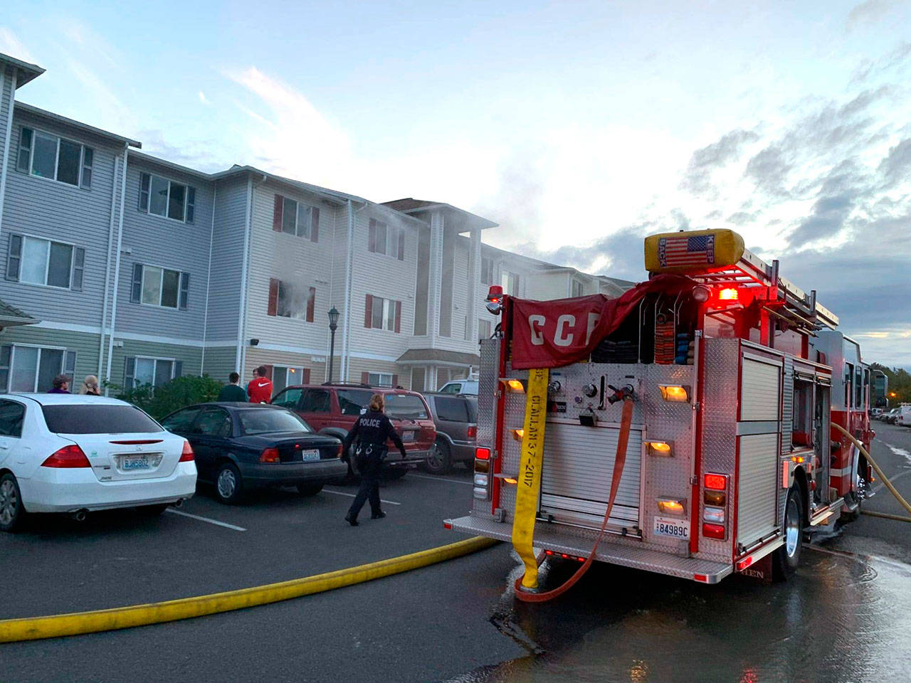A fire was contained to one room in a second story apartment on Monday with smoke damage reported in the one apartment and water damage in it and the apartment below. Photo courtesy of Clallam County Fire District 3