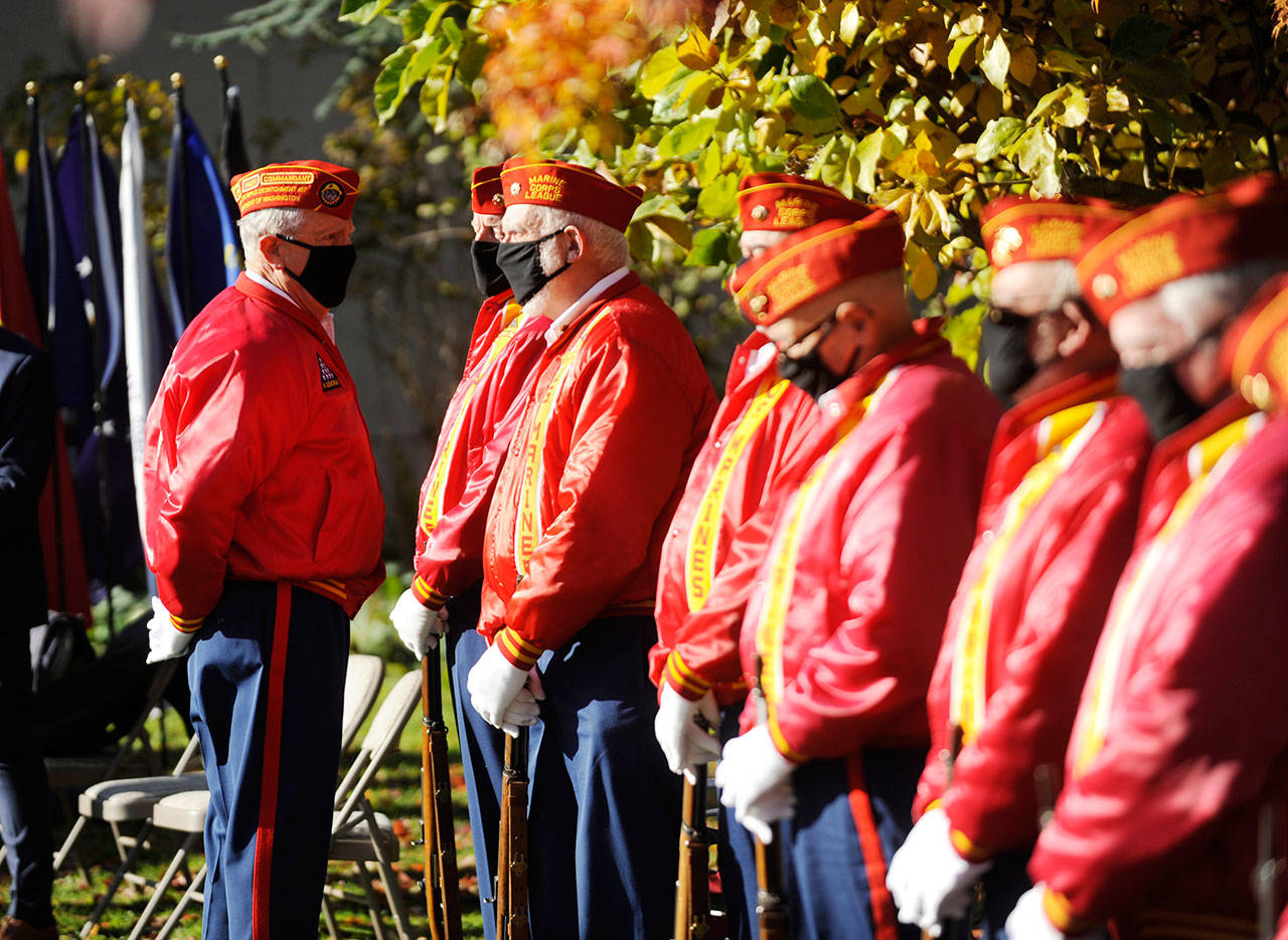Members of the Marine Corp League’s Mt. Olympus Detachment help celebrate veterans at a special ceremony at Sequim’s Pioneer Memorial Park on Nov. 11. Sequim Gazette photo by Michael Dashiell