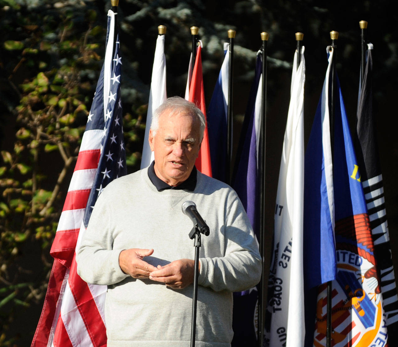 Tom Ferrell, a U.S. Air Force veteran and City of Sequim deputy mayor, addresses a crowd at a special Veterans Day ceremony at Pioneer Memorial Park on Nov. 11. Sequim Gazette photo by Michael Dashiell
