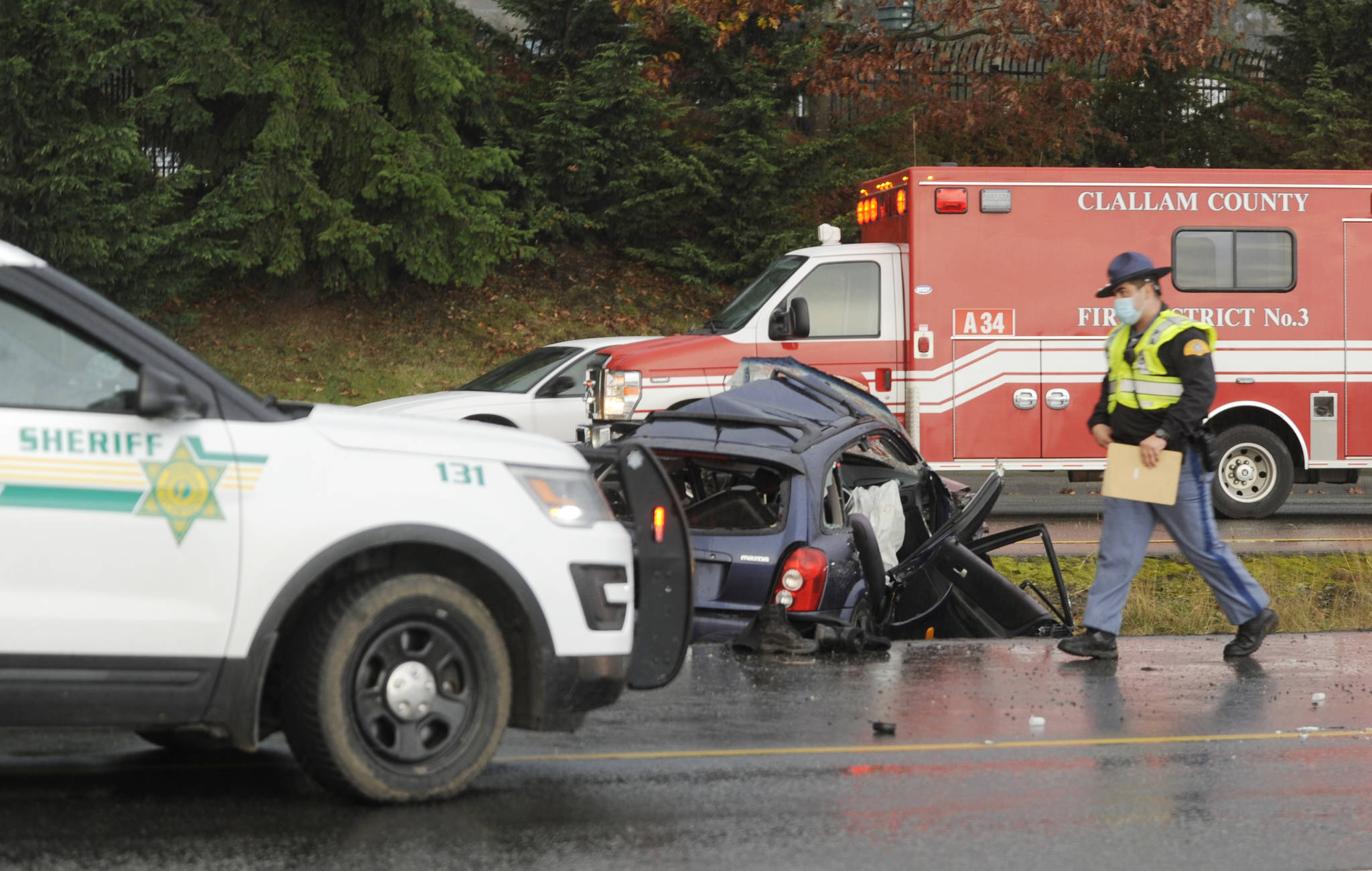 Four people were sent to Port Angeles and Seattle on Friday afternoon after a collision at the intersection of US Highway 101 and Carlsborg Road. Sequim Gazette photo by Michael Dashiell