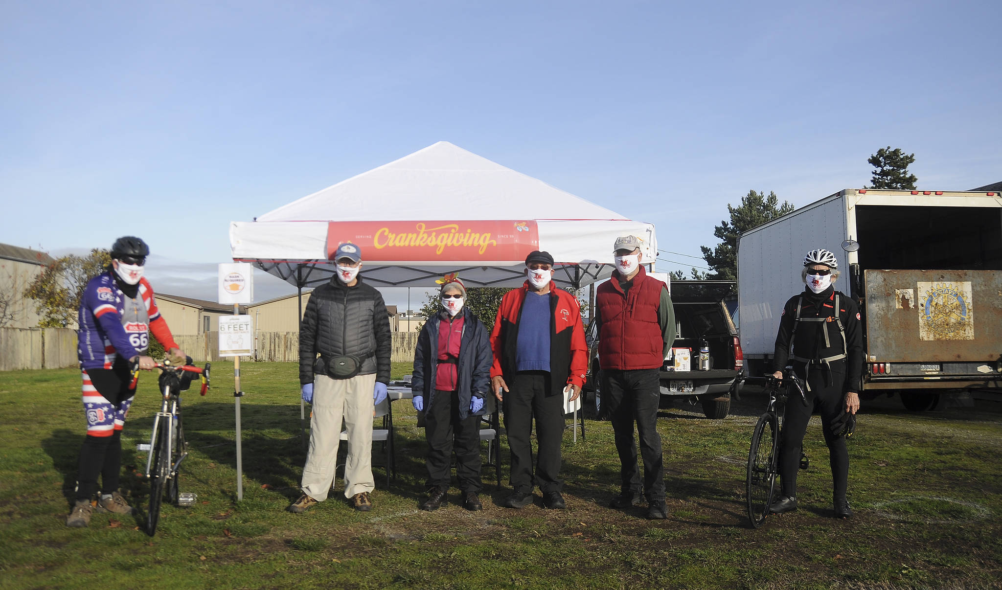 Some of the participants and organizers of the 2020 Cranksgiving event gather to raise funds for the Sequim Food Bank in November. They include, from left, Dave Toman, Tom Coonelly, Suzie Schneider, Dave Neidhardt, Al Streeter and Ken Stringer. Sequim Gazette photo by Michael Dashiell