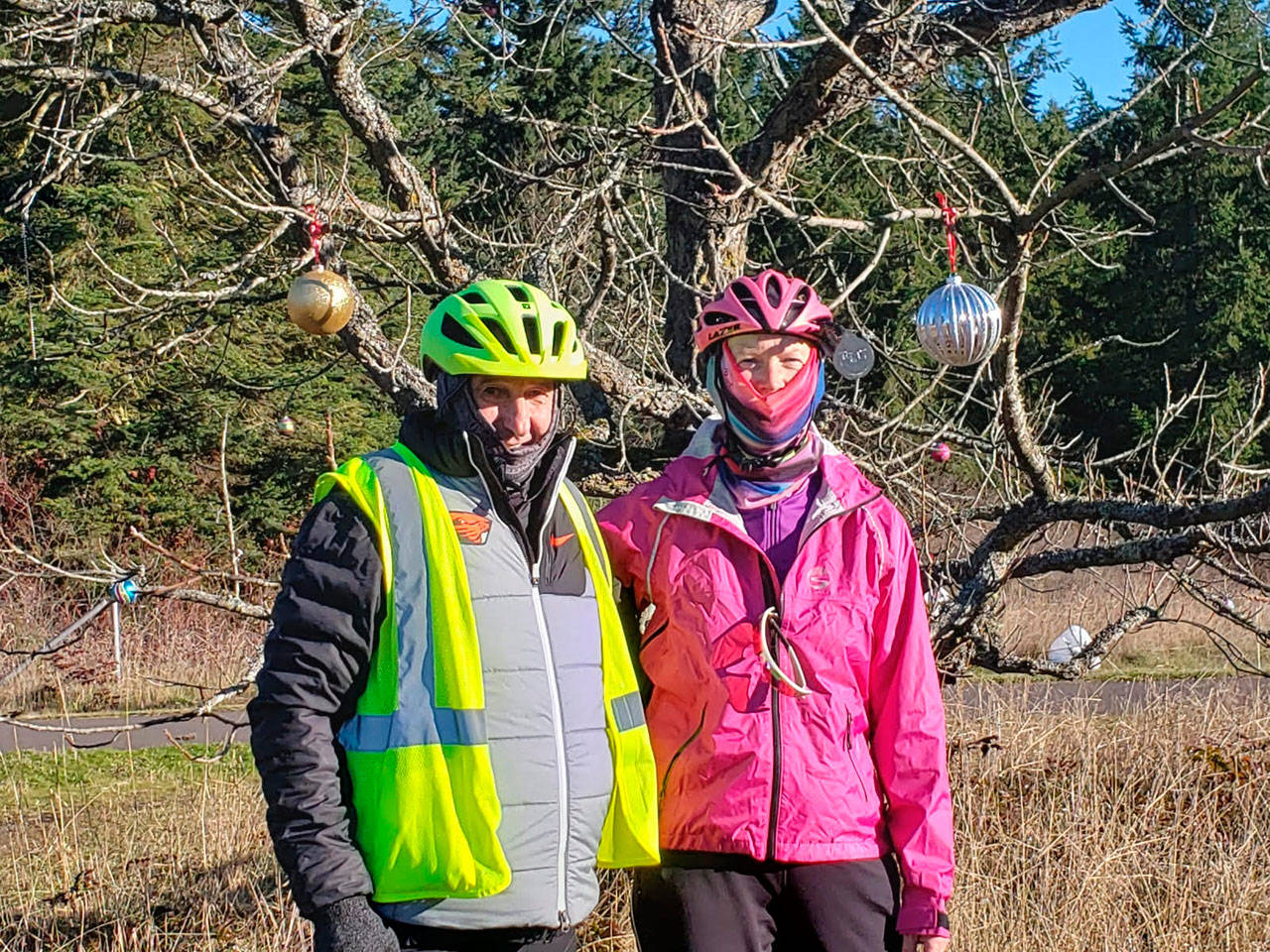 Larry Aillaud and Leilani Sundt enjoy a crisp December day with friends decorating a tree near the “Sequim welcomes you” sign on the east end of town near Whitefeather Way, between the Olympic Discovery Trail and U.S. Highway 101. For years a group of bicycle enthusiasts have decorated the tree with ornaments and tinsel. COVID-19 pandemic restrictions kept the group from joining together but a few gathered last week to spruce up the tree with some holiday cheer. Photo by Natalie Elfant