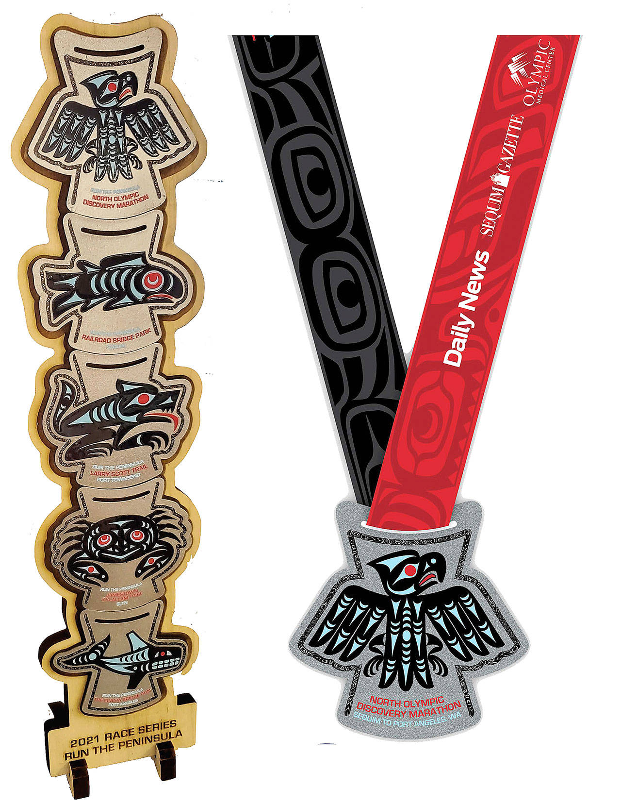 The Port Angeles Marathon Association partnered with the Lower Elwha Klallam Tribe and the Jamestown S’Klallam Tribe to create the 2021 medals for the Run the Peninsula series. Photo courtesy of Port Angeles Marathon Association