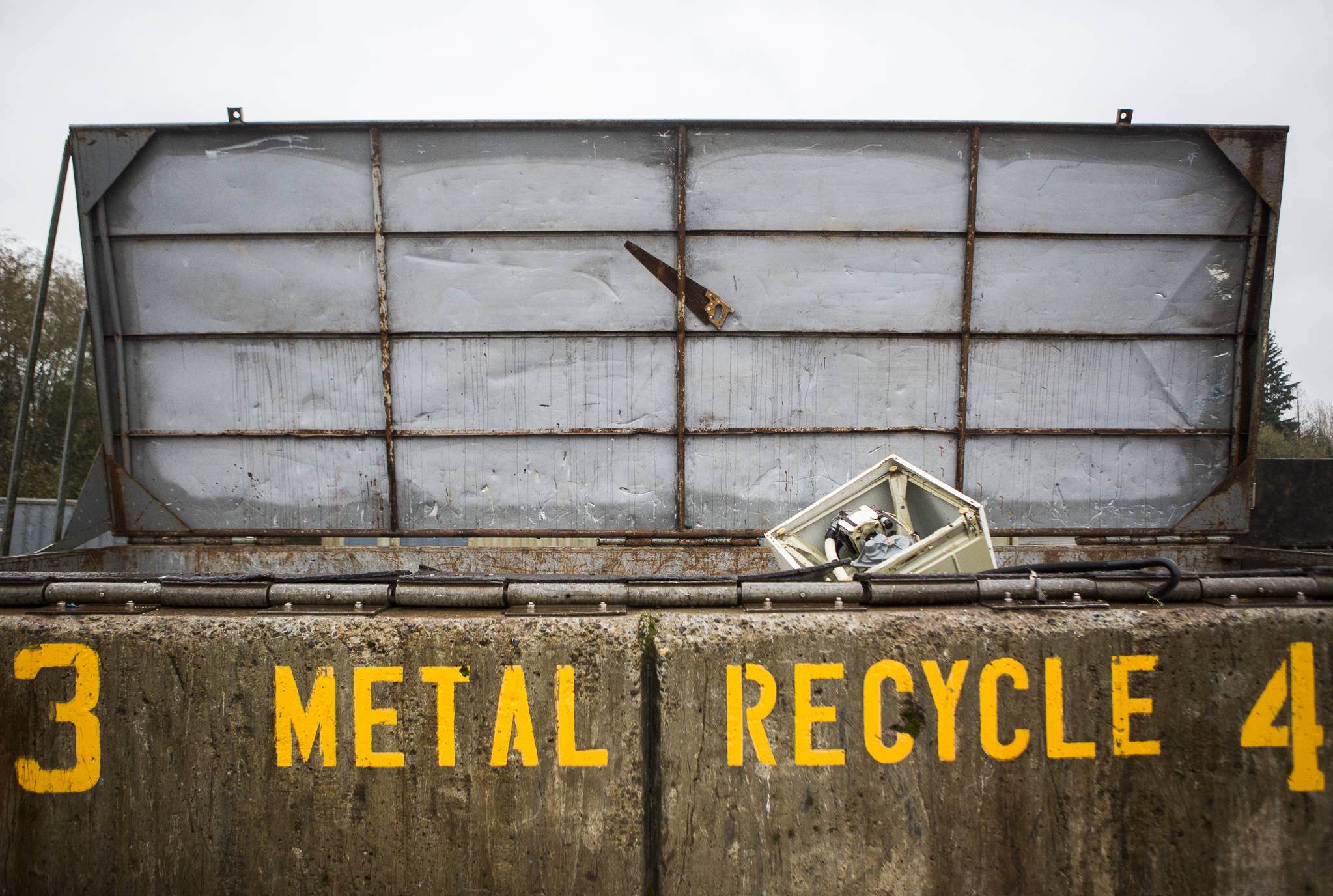 Metal appliances and other metal items fill a recycling container at the Airport Road Recycling & Transfer Station on Nov. 24 in Everett. Photo by Olivia Vanni/The Herald (Everett)