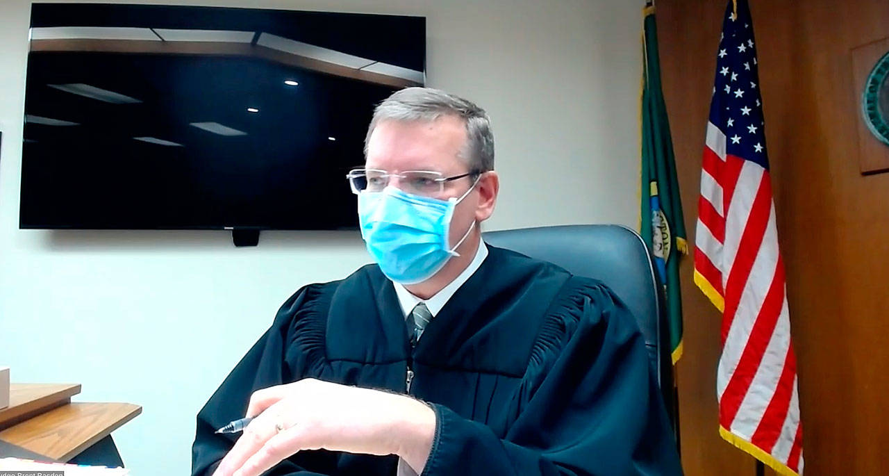 Clallam County Superior Court judge Brent Basden hears testimony at a Jan. 15 hearing regarding an appeal to the the proposed medication-assisted treatment (MAT) clinic.