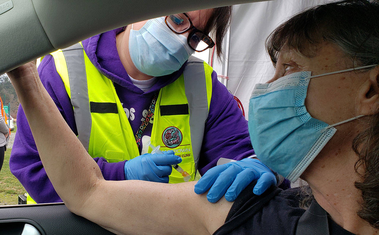 Sally Franz of Sequim gets her COVID-19 vaccination on Jan 16, arriving at about 5 a.m. that day and getting her shot at 12:45 p.m. Franz said the 16th was her 70th birthday and used the vaccination experience as a birthday gift to herself. Submitted photo