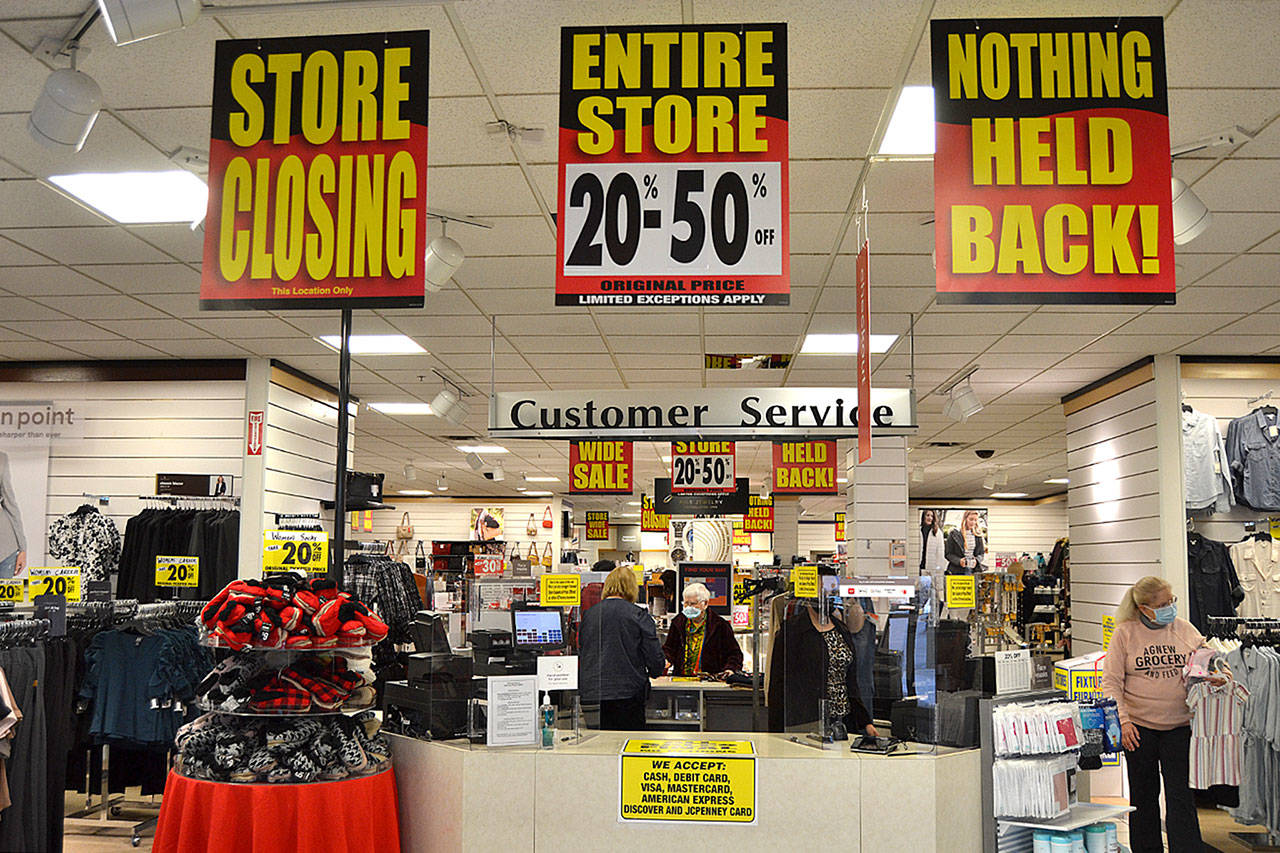 Liquidation of the Sequim JCPenney began on Jan. 21 and will last tentatively through mid-May after the store’s corporate leaders announced its closure in December 2020. JCPenney opened in Sequim in 1995 in the former Safeway building. Sequim Gazette photo by Matthew Nash