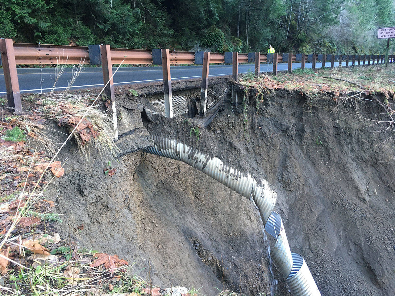 A section of U.S Highway 101 going around Lake Crescent is single lane travel only after recent erosion caused damage to the roadway. Photo courtesy of Washington State Department of Transportation