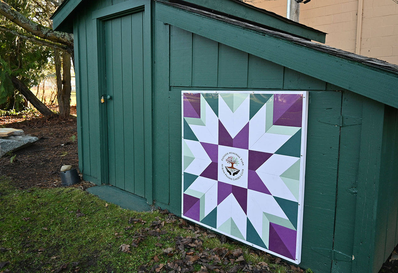 A barn quilt now adorns the side of the pump house structure at Pioneer Memorial Parkon East Washington Street. Sequim Gazette photo by Michael Dashiell