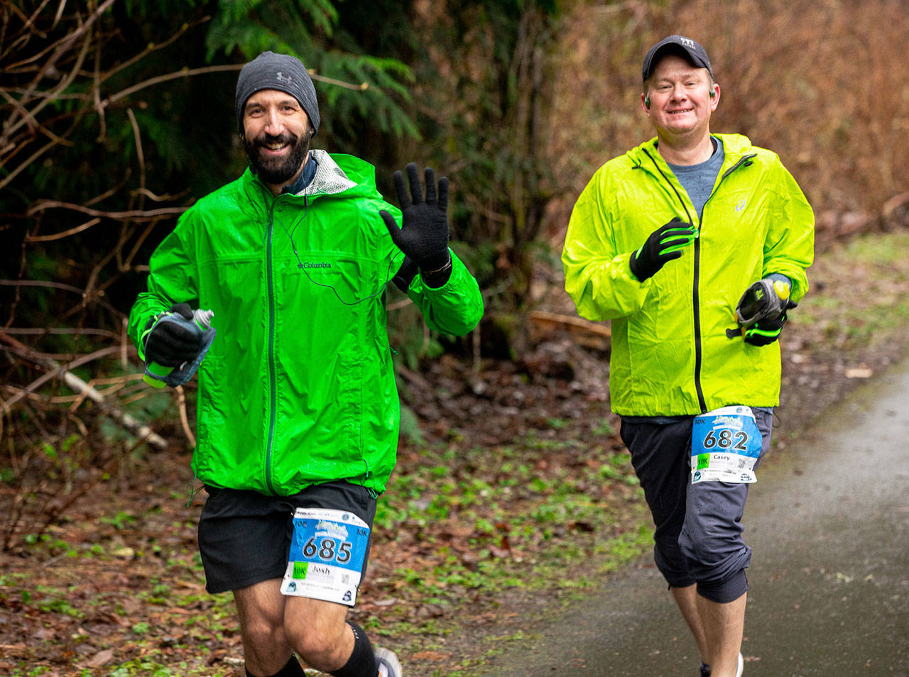 Josh Simondet of Puyallup, left, and Casey Skeen of Burien compete in the 2020 Elwha River Bridge Run. The 2021 race, set for Feb. 6, will have a number of COVID-19 precautions, including racers being encouraged to stay 6 feet apart. Submitted photo