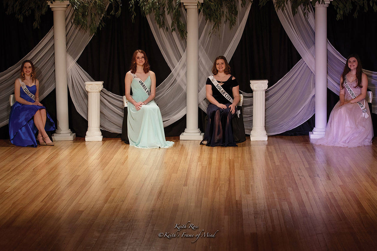 This year’s royalty contestants for the Sequim Irrigation Festival include, from left, Zoee Kuperus, Sydney VanProyen, Hannah Hampton, and Allie Gale. Sequim’s queen and court will be shown at 6 p.m. Saturday, Feb. 27 online at the festival’s Facebook page and website. Photo courtesy Keith Ross / Keith’s Frame Of Mind