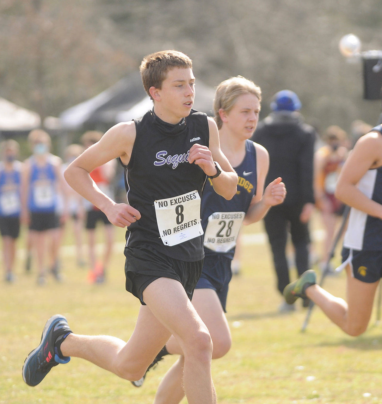 Sequim High freshman Colby Ellefson races in the Olympic League championship race on March 13 at Battle Point Park on Bainbridge Island. Ellefson finished seventh overall to lead the Wolves, who placed eighth as a team. Sequim Gazette photo by Michael Dashiell